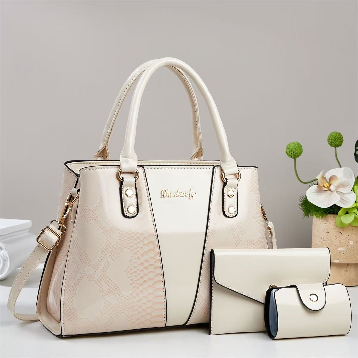 3-Piece Snake Pattern Embossed Handbag Set - Shoulder Tote, Wallet & Card Holder - FRESHHUTSHOP