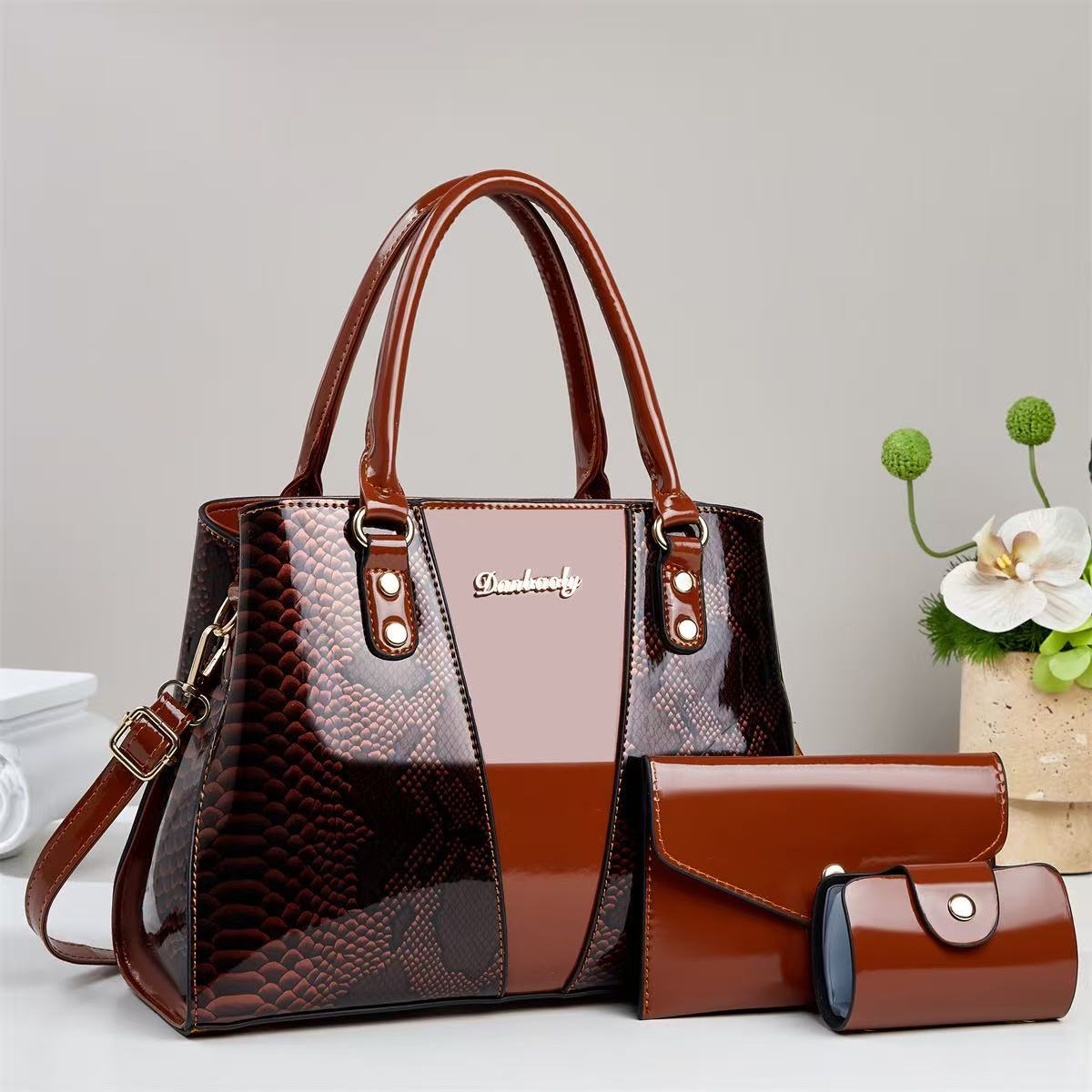 3-Piece Snake Pattern Embossed Handbag Set - Shoulder Tote, Wallet & Card Holder - FRESHHUTSHOP