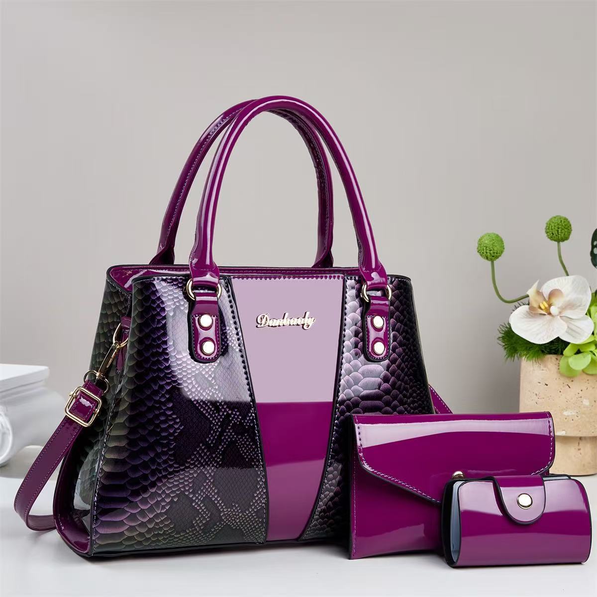 3-Piece Snake Pattern Embossed Handbag Set - Shoulder Tote, Wallet & Card Holder - FRESHHUTSHOP