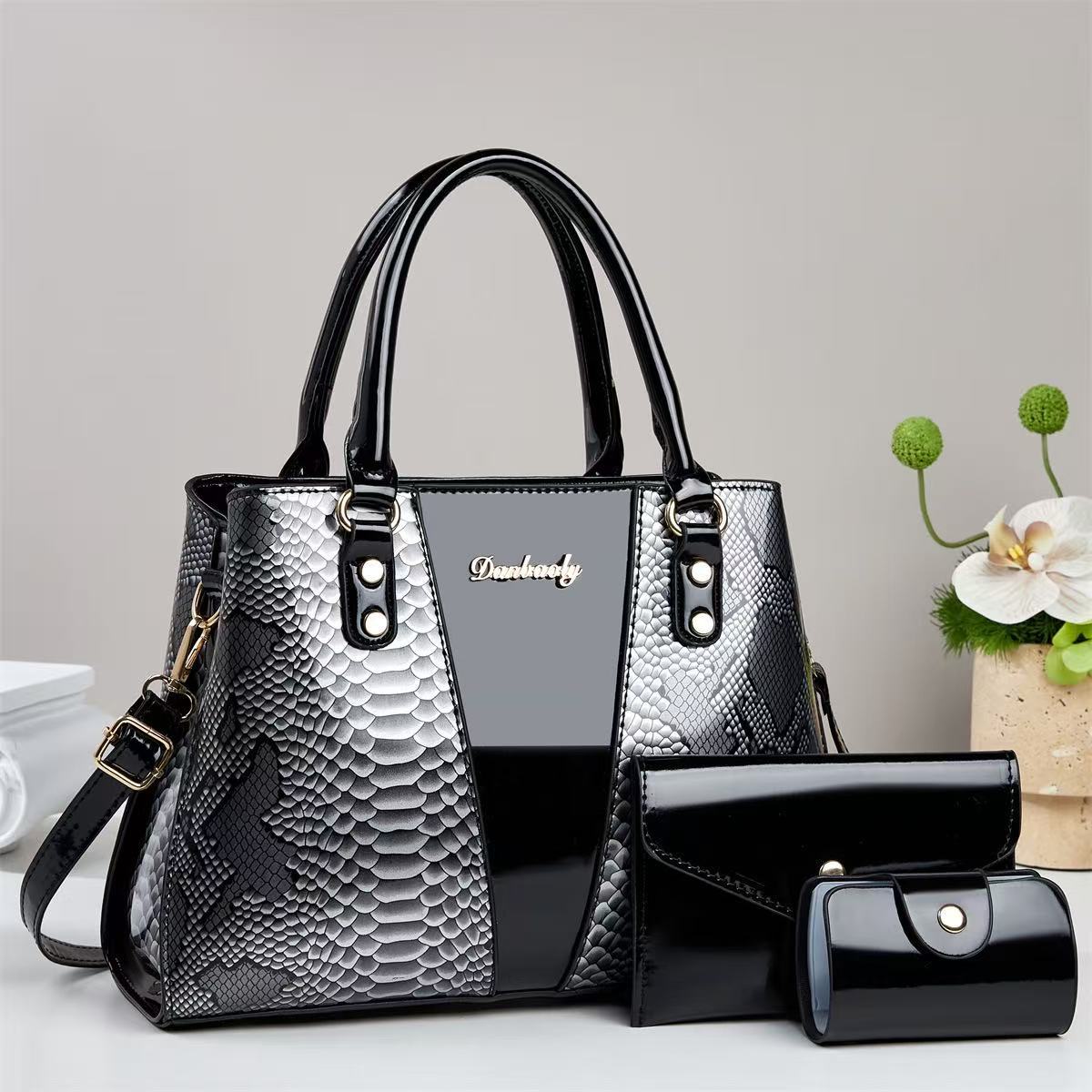 3-Piece Snake Pattern Embossed Handbag Set - Shoulder Tote, Wallet & Card Holder - FRESHHUTSHOP