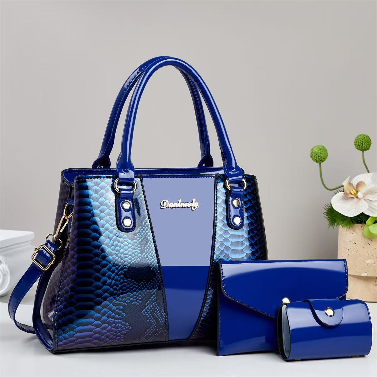 3-Piece Snake Pattern Embossed Handbag Set - Shoulder Tote, Wallet & Card Holder - FRESHHUTSHOP