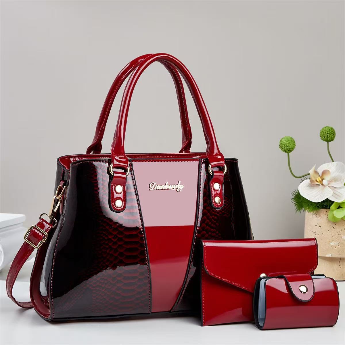 3-Piece Snake Pattern Embossed Handbag Set - Shoulder Tote, Wallet & Card Holder - FRESHHUTSHOP