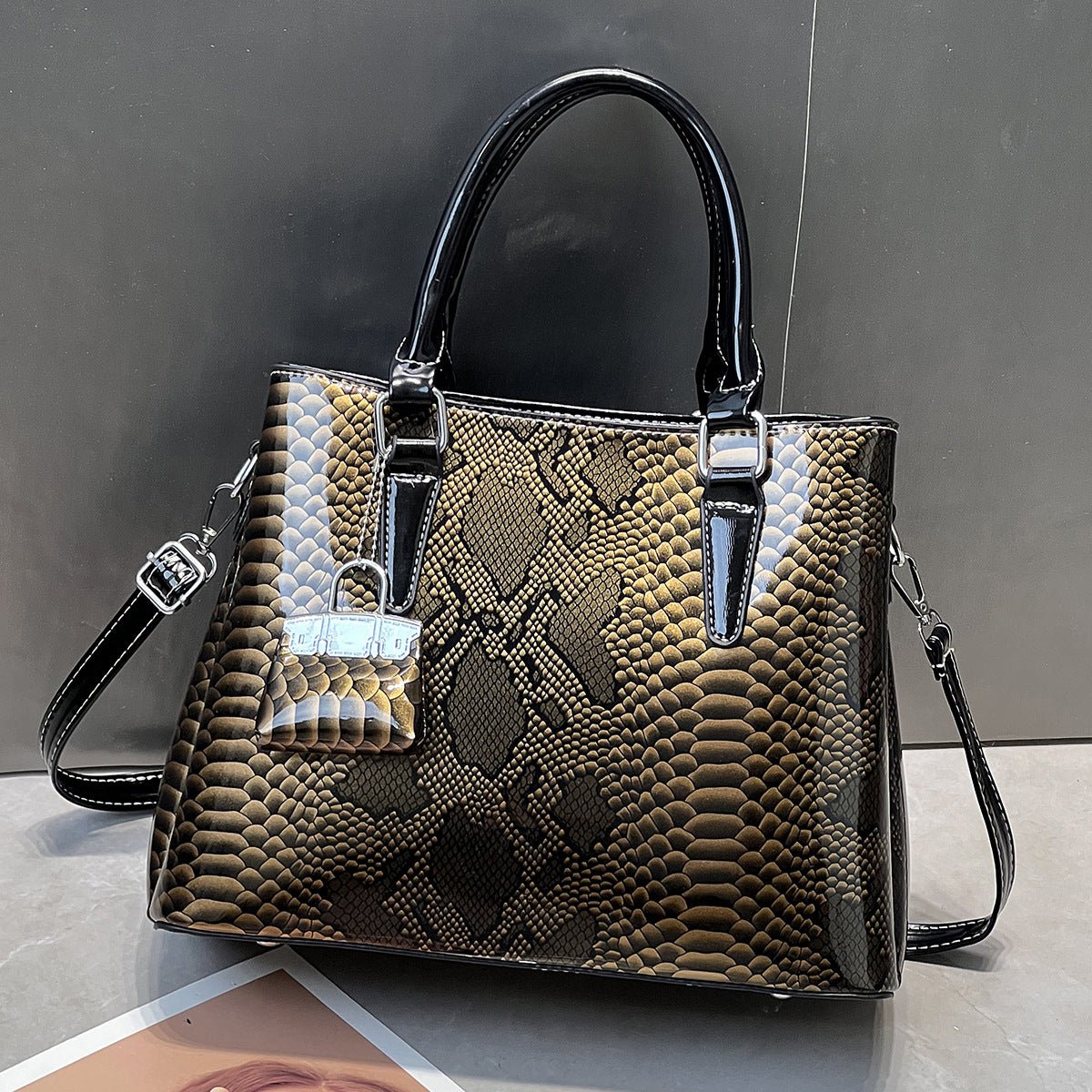 Glossy Patent Snake Embossed Tote Bag - Large Shoulder & Crossbody Handbag - FRESHHUTSHOP