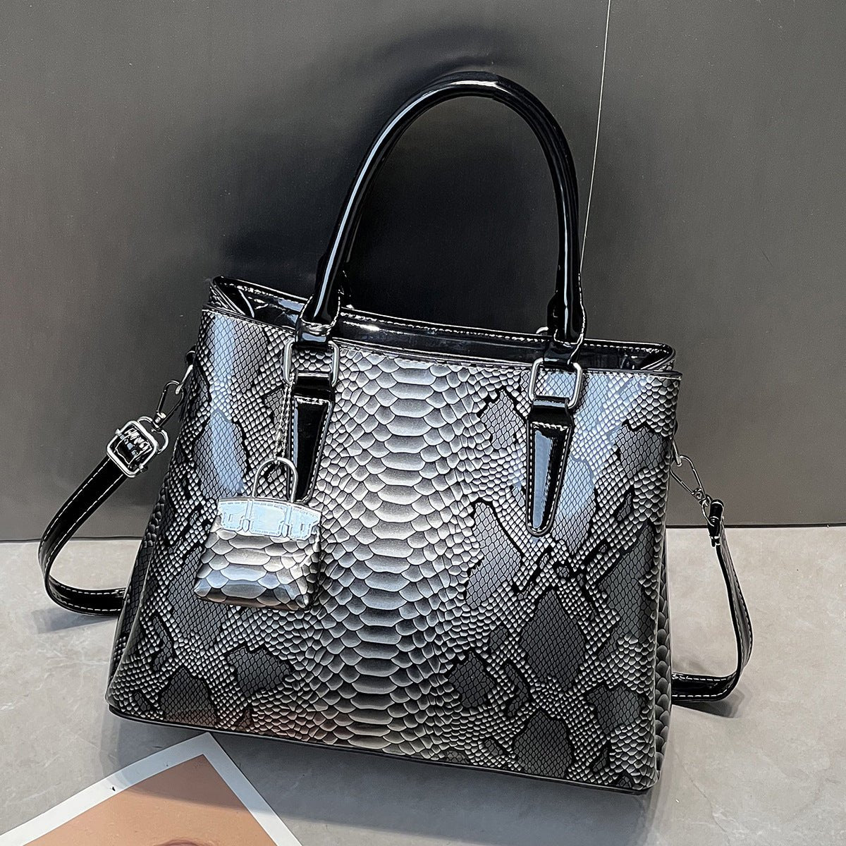 Glossy Patent Snake Embossed Tote Bag - Large Shoulder & Crossbody Handbag - FRESHHUTSHOP