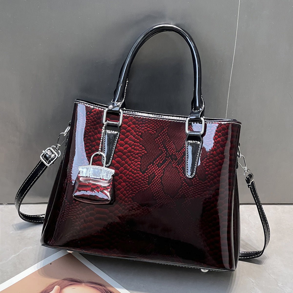 Glossy Patent Snake Embossed Tote Bag - Large Shoulder & Crossbody Handbag - FRESHHUTSHOP