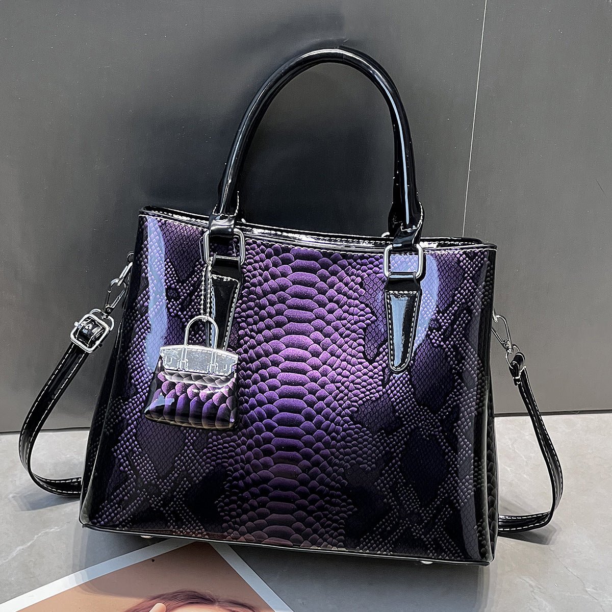 Glossy Patent Snake Embossed Tote Bag - Large Shoulder & Crossbody Handbag - FRESHHUTSHOP