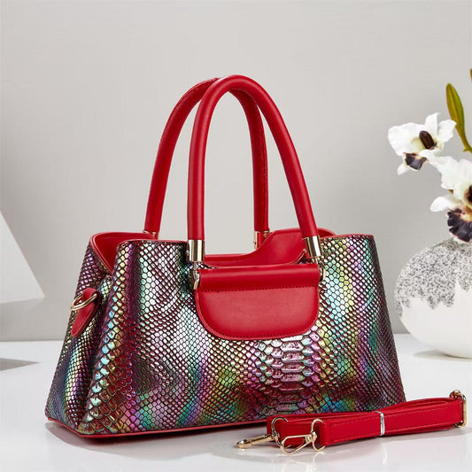 Iridescent Metallic Snake Embossed Handbag - Large Shoulder & Crossbody Tote - FRESHHUTSHOP