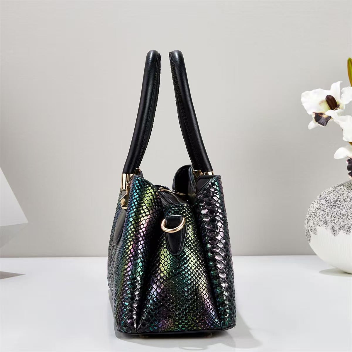 Iridescent Metallic Snake Embossed Handbag - Large Shoulder & Crossbody Tote - FRESHHUTSHOP