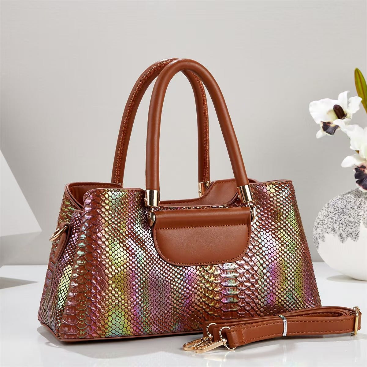 Iridescent Metallic Snake Embossed Handbag - Large Shoulder & Crossbody Tote - FRESHHUTSHOP