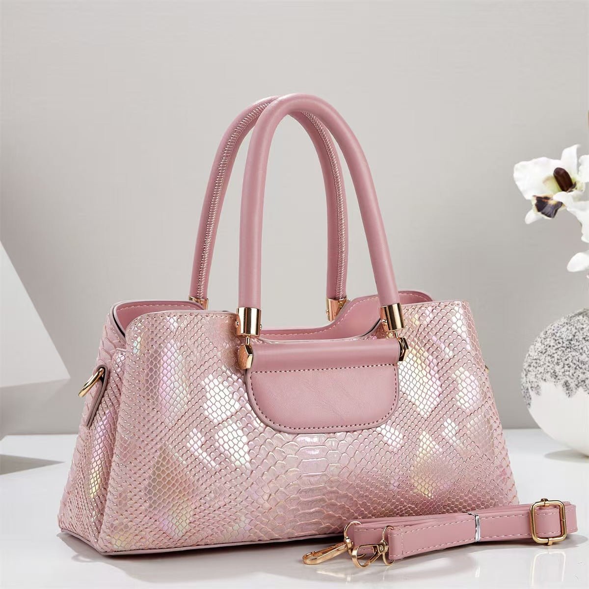 Iridescent Metallic Snake Embossed Handbag - Large Shoulder & Crossbody Tote - FRESHHUTSHOP