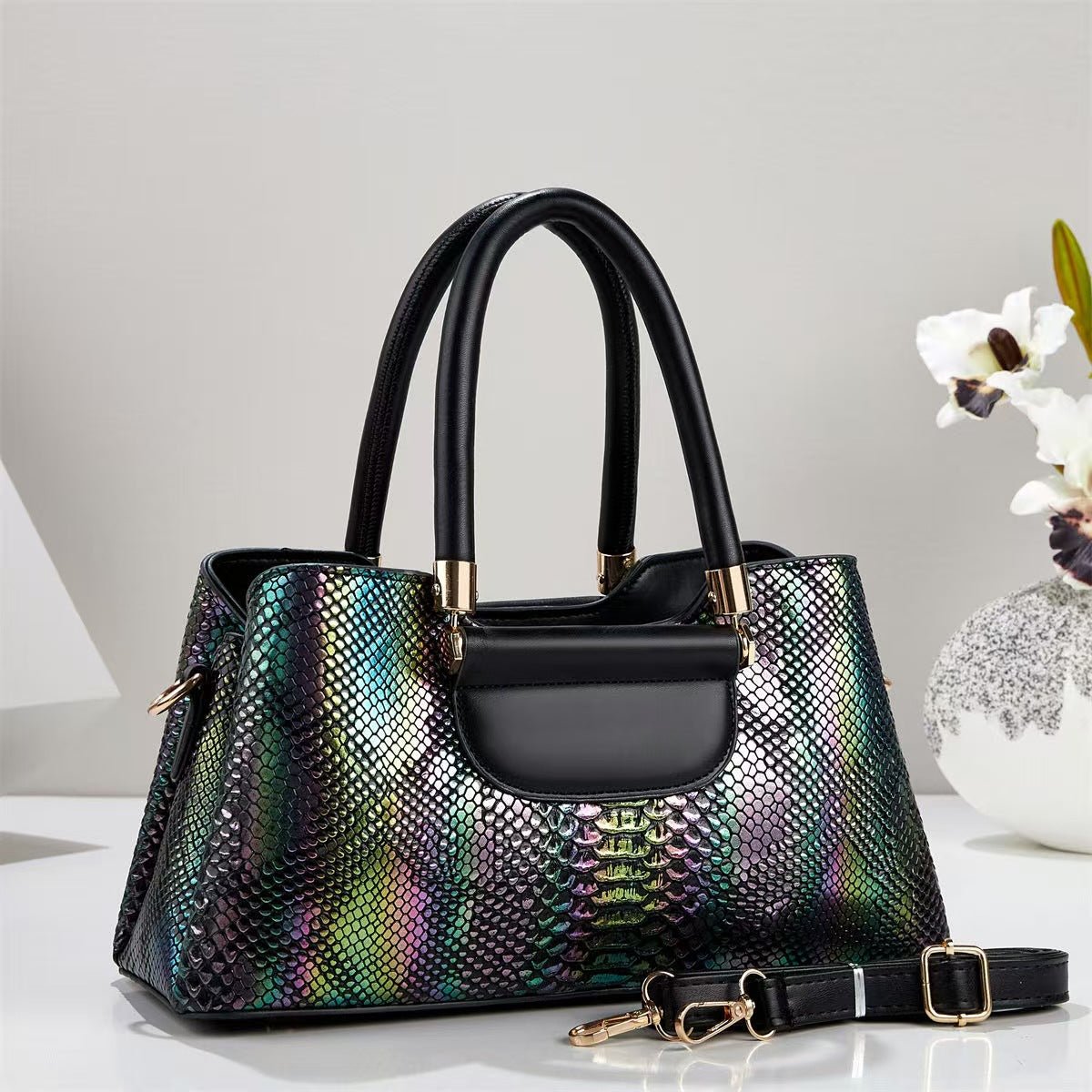 Iridescent Metallic Snake Embossed Handbag - Large Shoulder & Crossbody Tote - FRESHHUTSHOP