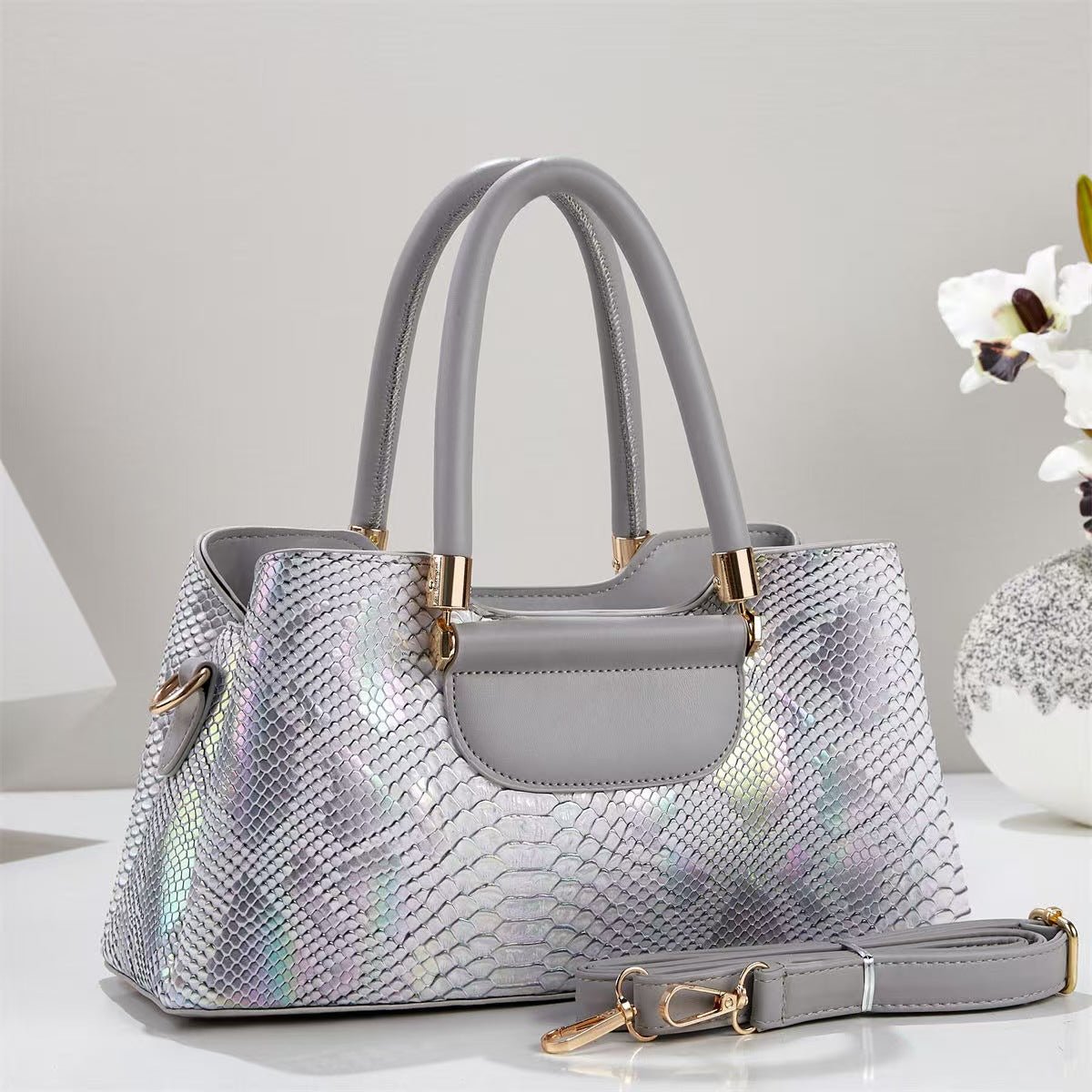 Iridescent Metallic Snake Embossed Handbag - Large Shoulder & Crossbody Tote - FRESHHUTSHOP