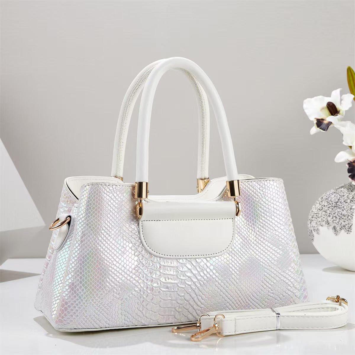 Iridescent Metallic Snake Embossed Handbag - Large Shoulder & Crossbody Tote - FRESHHUTSHOP