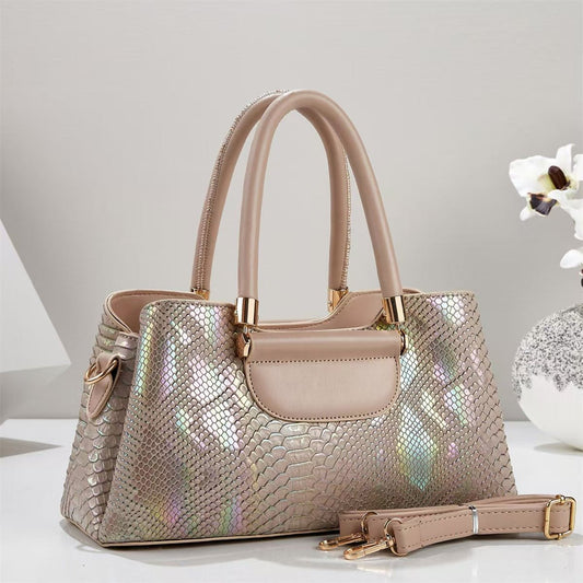 Iridescent Metallic Snake Embossed Handbag - Large Shoulder & Crossbody Tote - FRESHHUTSHOP