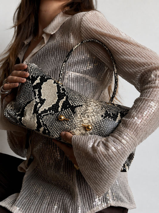 Sculptural East-West Shoulder Bag - Reptile Embossed Bowling Handbag - FRESHHUTSHOP