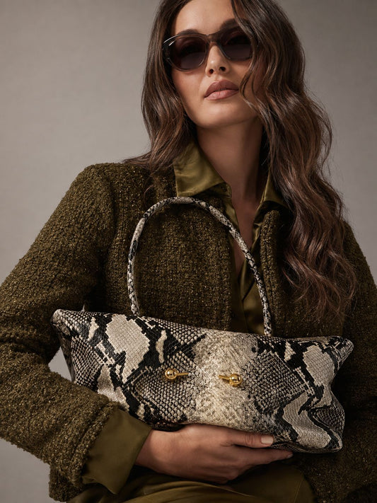 Sculptural East-West Shoulder Bag - Reptile Embossed Bowling Handbag - FRESHHUTSHOP