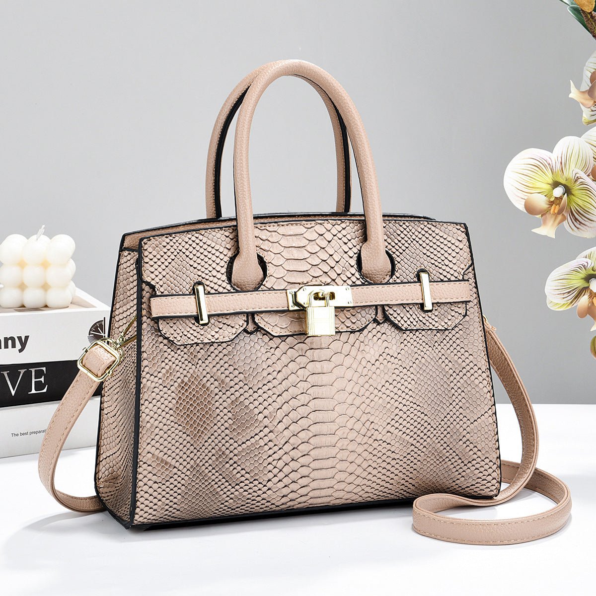 Snake Embossed Structured Padlock Handbag - Top Handle & Crossbody Tote - FRESHHUTSHOP