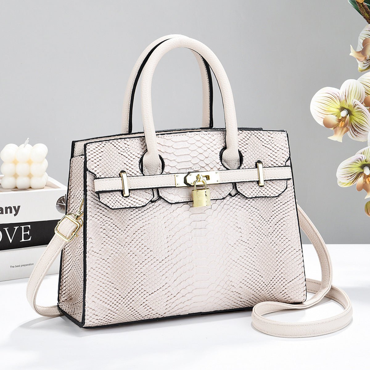 Snake Embossed Structured Padlock Handbag - Top Handle & Crossbody Tote - FRESHHUTSHOP