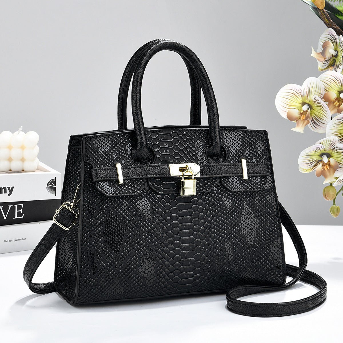 Snake Embossed Structured Padlock Handbag - Top Handle & Crossbody Tote - FRESHHUTSHOP