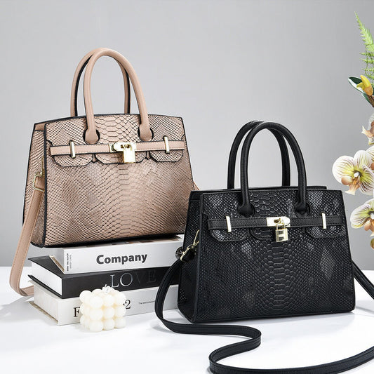Snake Embossed Structured Padlock Handbag - Top Handle & Crossbody Tote - FRESHHUTSHOP