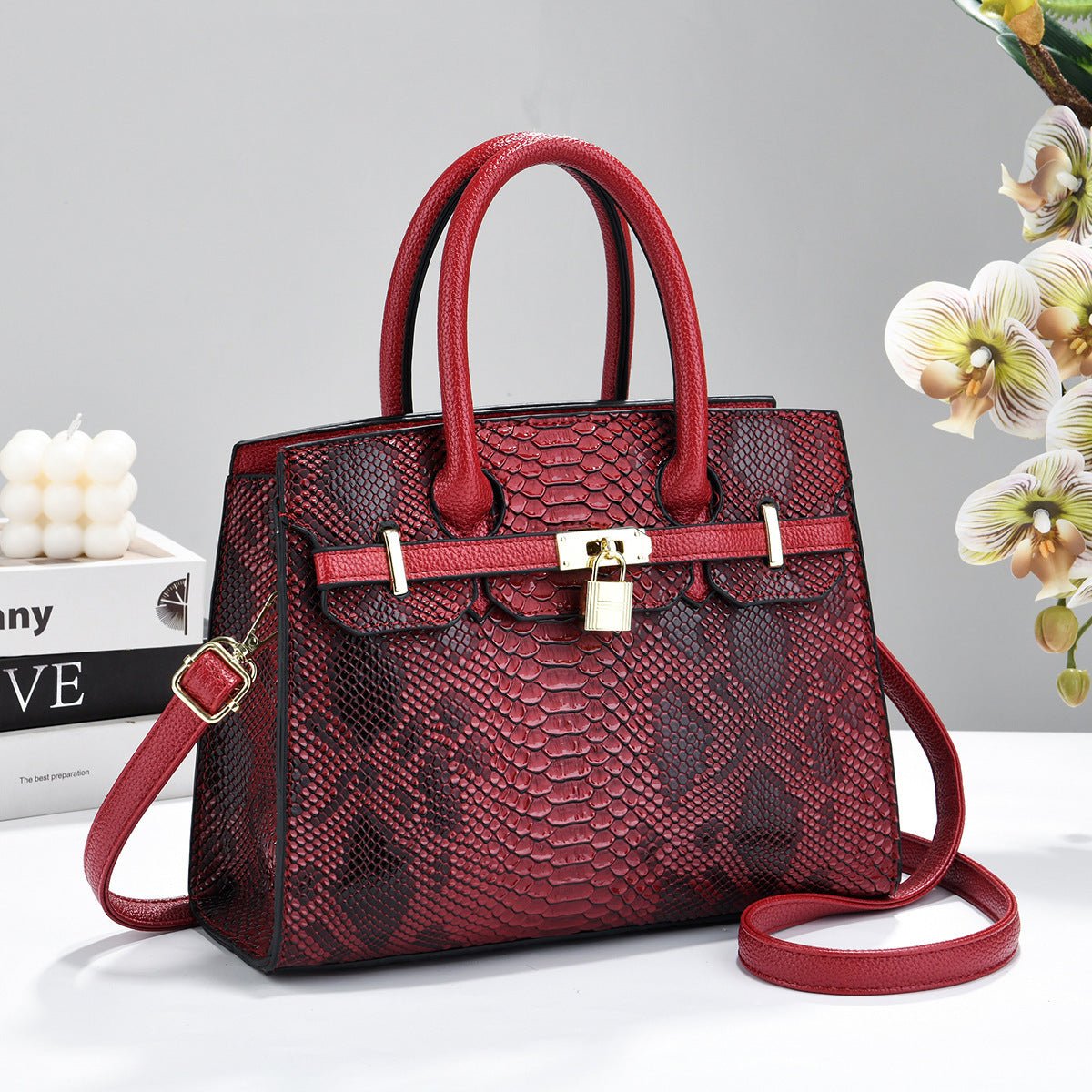 Snake Embossed Structured Padlock Handbag - Top Handle & Crossbody Tote - FRESHHUTSHOP