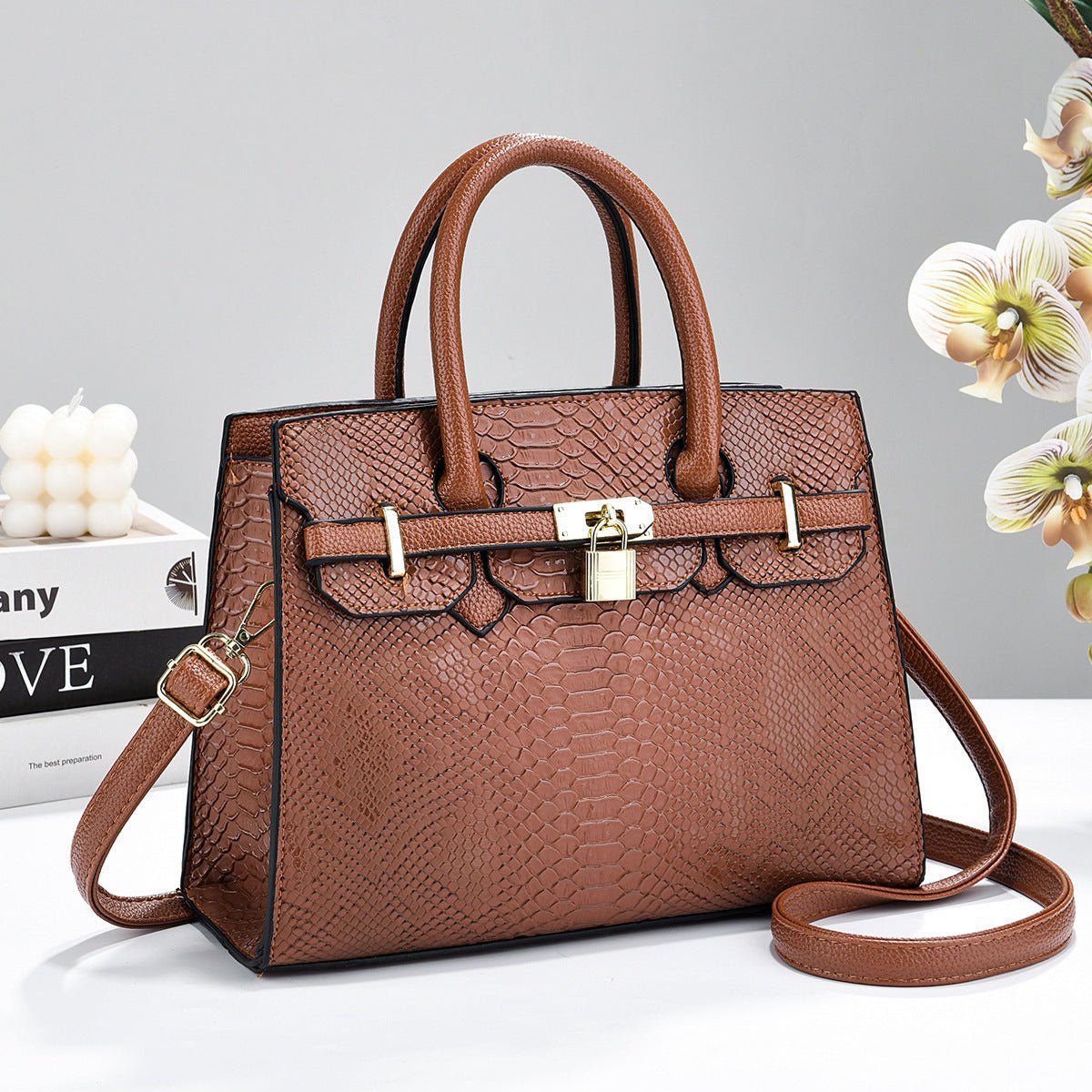 Snake Embossed Structured Padlock Handbag - Top Handle & Crossbody Tote - FRESHHUTSHOP