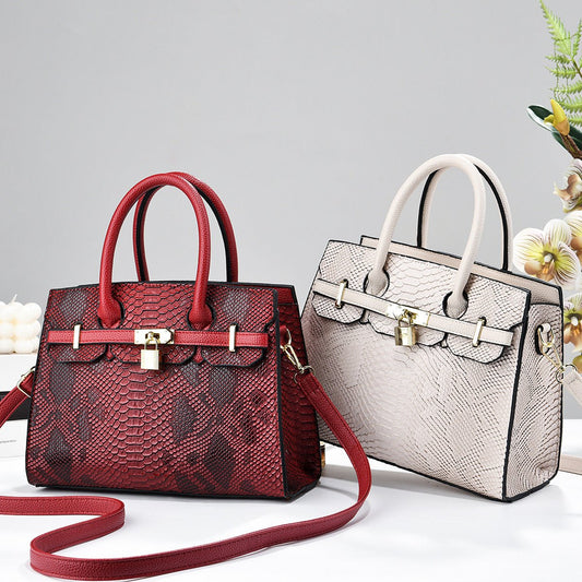 Snake Embossed Structured Padlock Handbag - Top Handle & Crossbody Tote - FRESHHUTSHOP